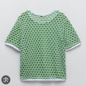 Zara Womens Crochet Knit Green Polo Shirt Size S